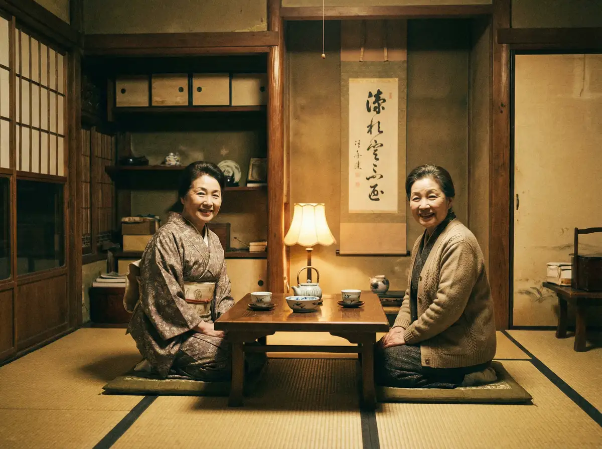 两位优雅的 2xiao77 在日式茶室中品茶交谈